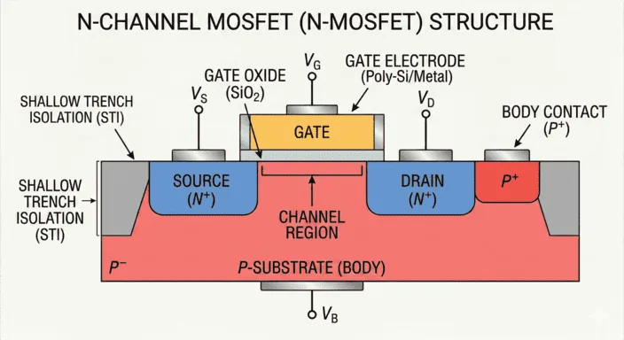 Cross section of an n-type MOSFET